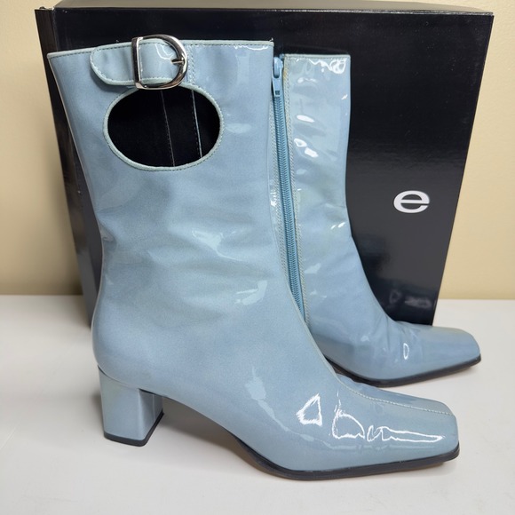Hype Obsession Blue Patent Leather Boots Buckle Cutout Square Toe Size 7 - Picture 2 of 6